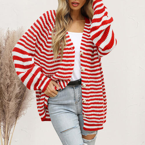 Striped Button Down Long Sleeve Cardigan Trendsi