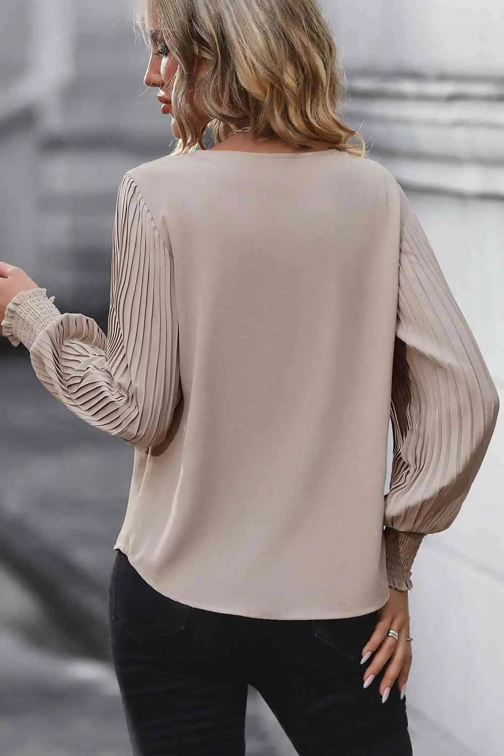 Pleated Lantern Sleeve V-Neck Blouse Trendsi