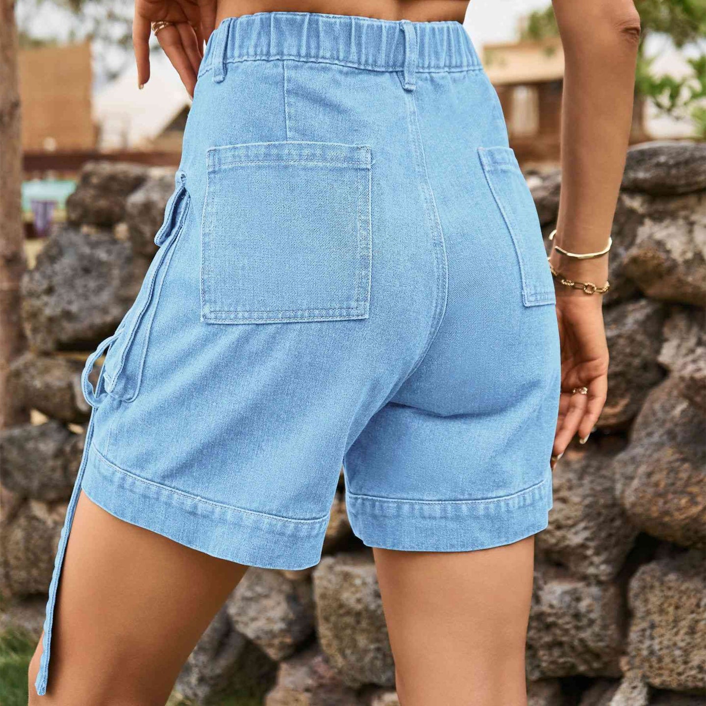 High Waist Denim Cargo Shorts Bazaarbey