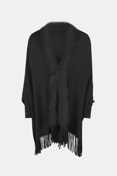 Fringe Open Front Long Sleeve Poncho Bazaarbey