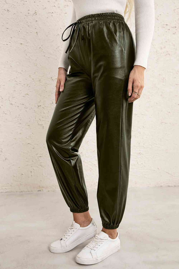 Elastic Waist PU Leather Joggers Bazaarbey