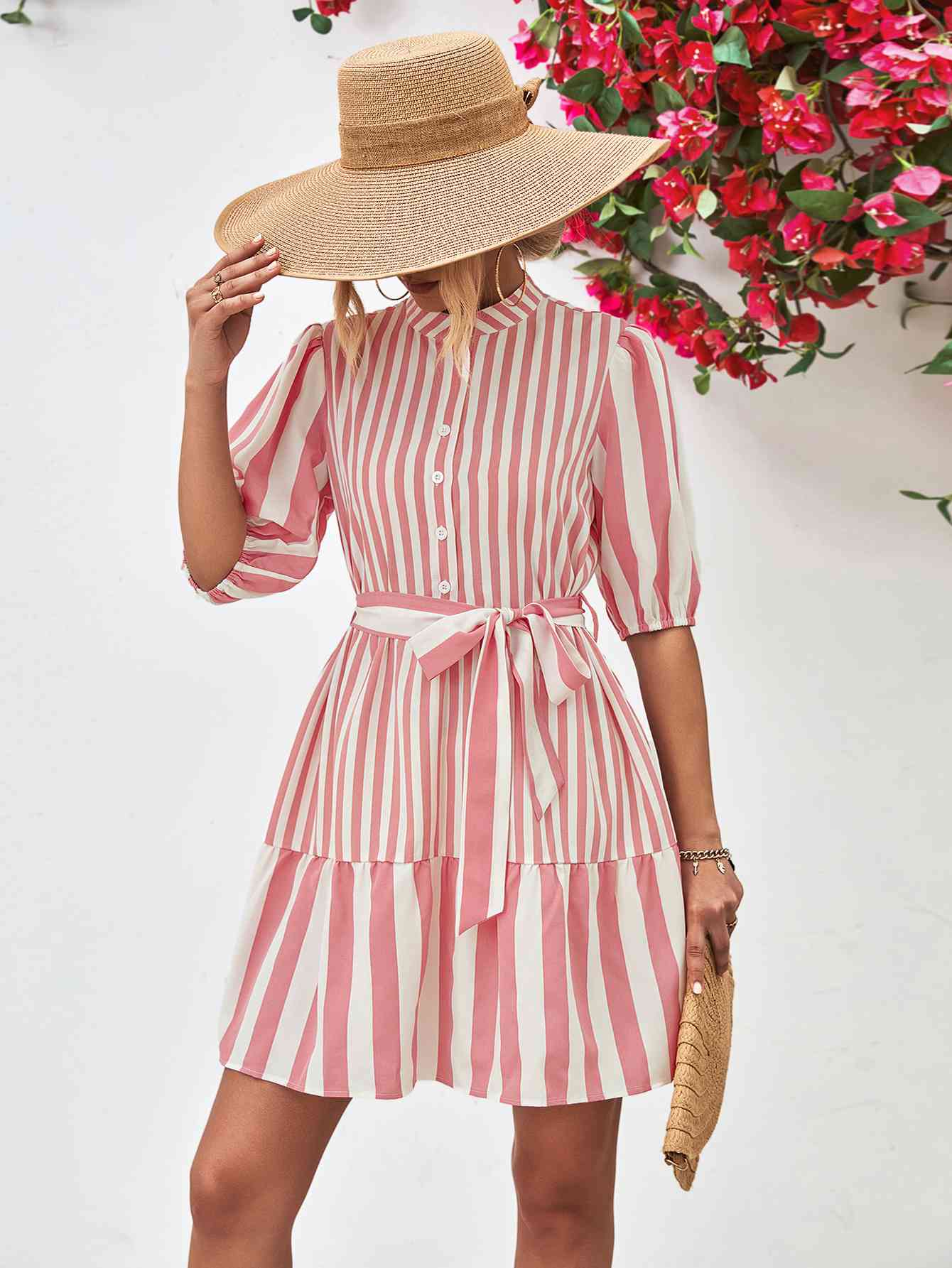 Striped Half Sleeve Tie Waist Mini Dress -BazaarBey - www.shopbazaarbey.com