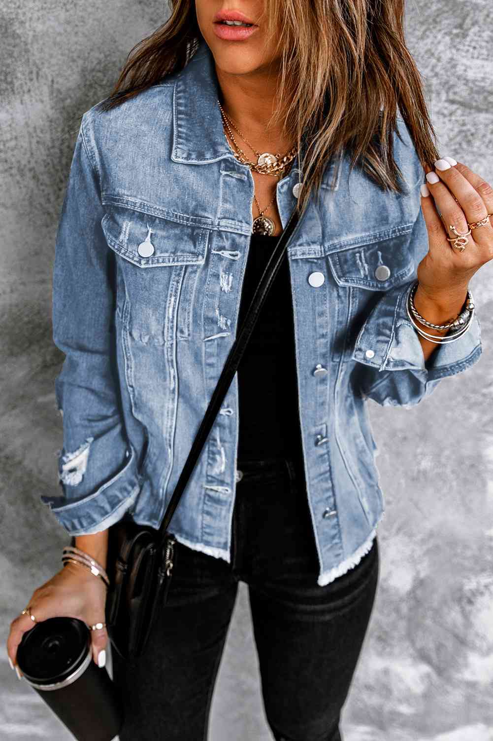 Distressed Raw Hem Denim Jacket Bazaarbey