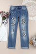  Checkered Patchwork Mid Waist Distressed Jeans Bazaarbey