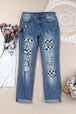  Checkered Patchwork Mid Waist Distressed Jeans Bazaarbey