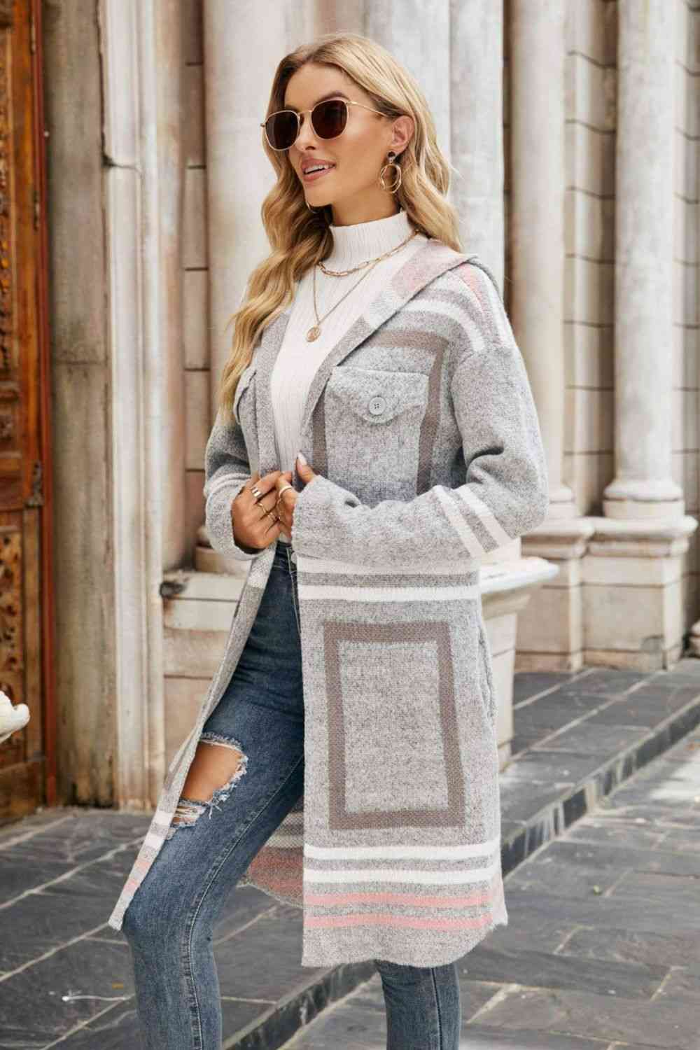  Printed  Hooded  Cardigan Trendsi