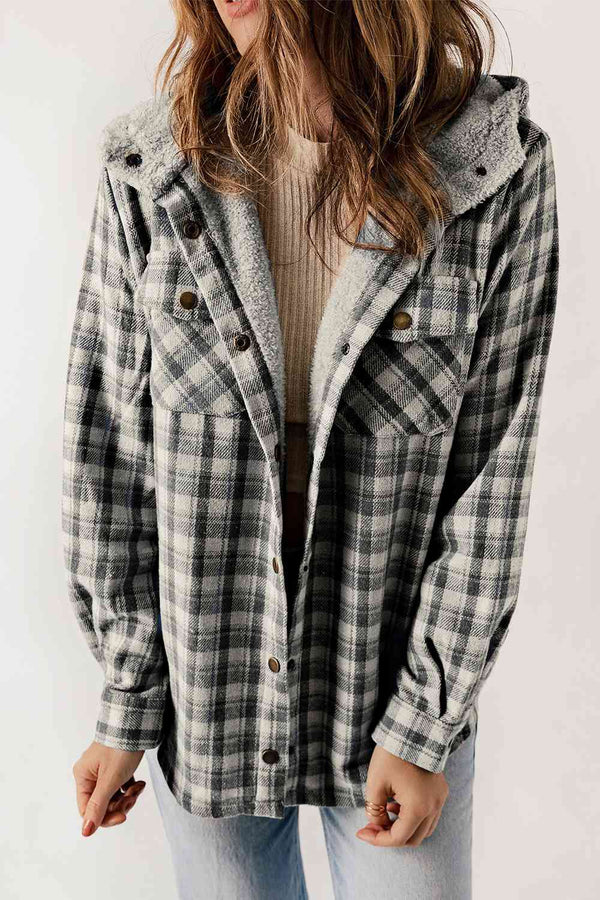 Plaid Snap Down Hooded Jacket Trendsi