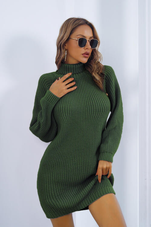 Buttoned Turtleneck Long Sleeve Sweater Dress Bazaarbey