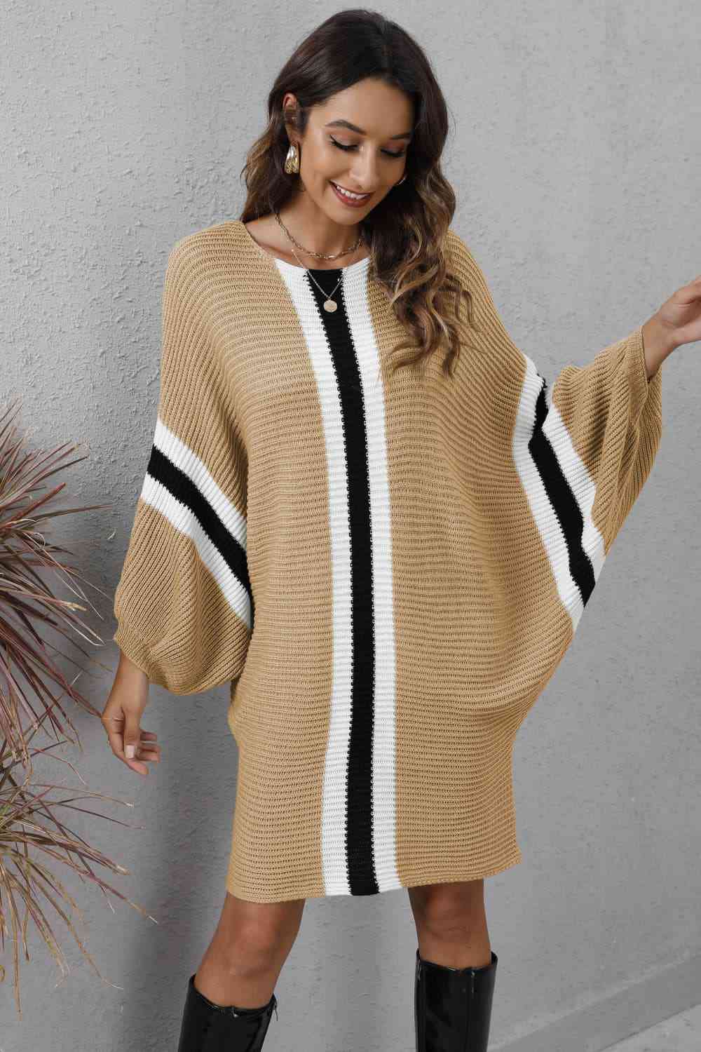 Ribbed Round Neck Long Sleeve Sweater Dress Bazaarbey