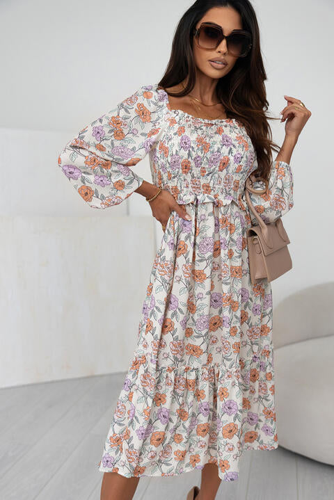 Floral Smocked Square Neck Dress -BazaarBey - www.shopbazaarbey.com