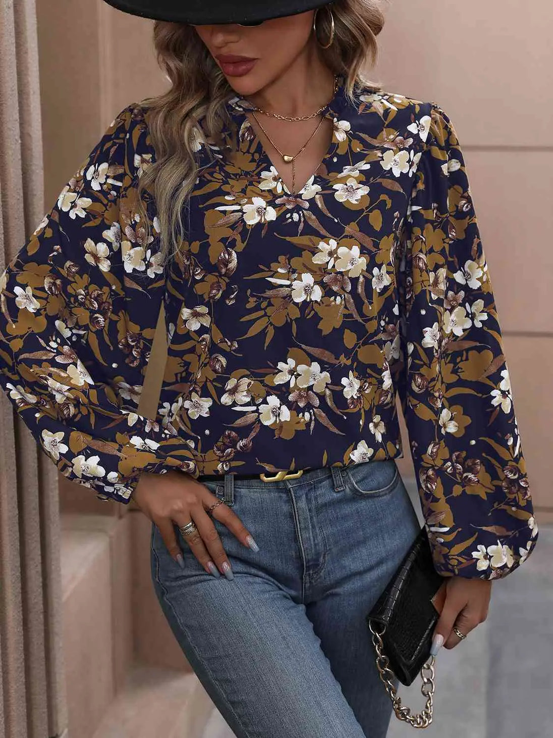 Floral Notched Balloon Sleeve Blouse Bazaarbey