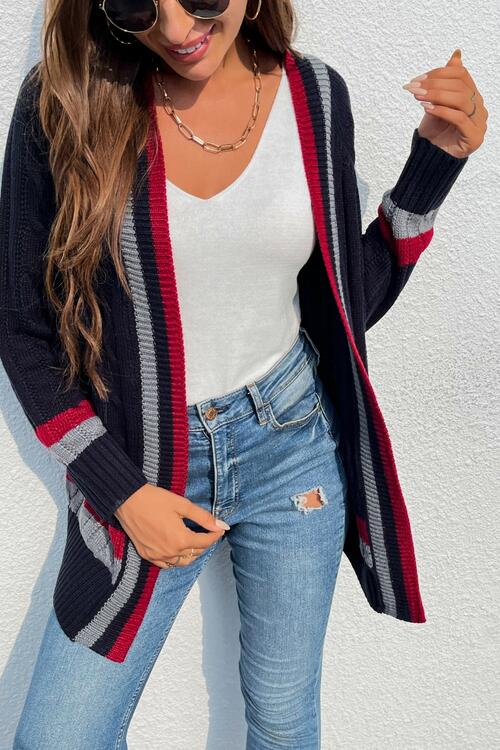  Striped Long Sleeve Cardigan Trendsi