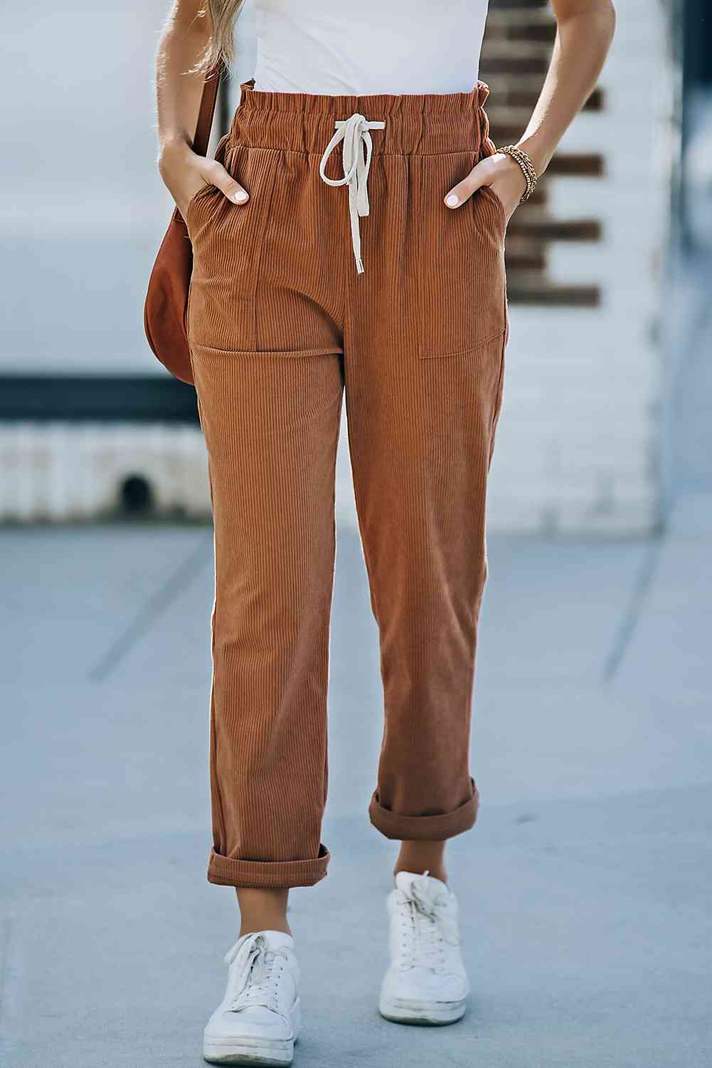 Drawstring Waist Corduroy Pants with Pockets Bazaarbey