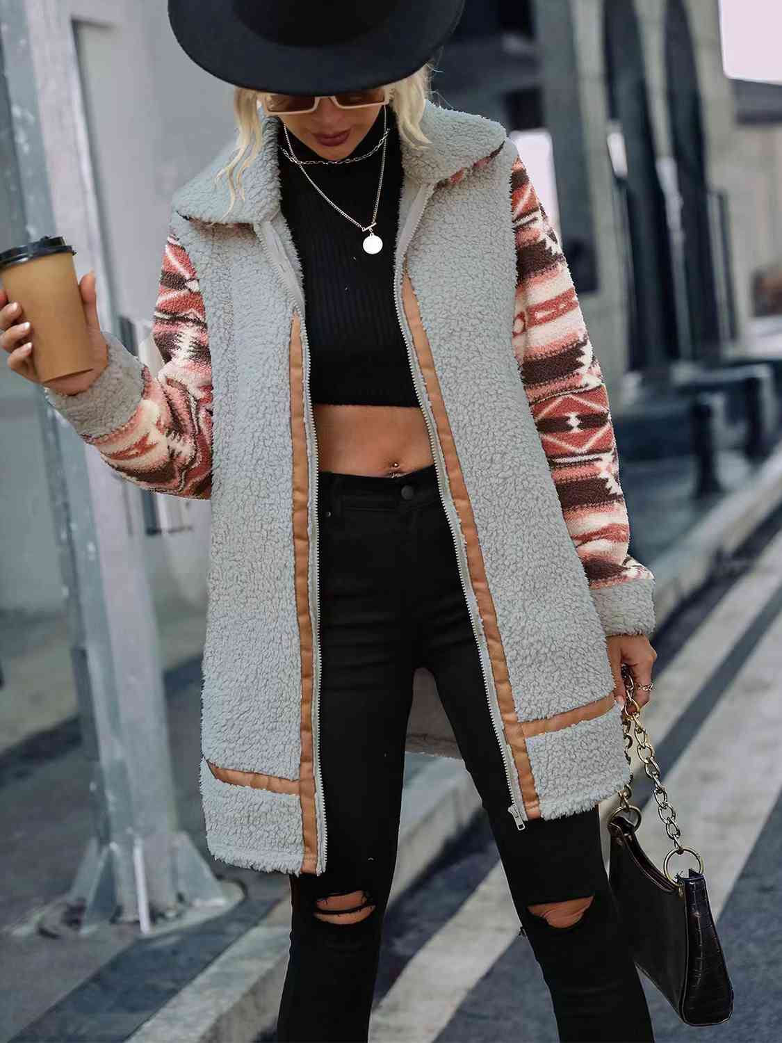  Zip-Up Collared Sherpa Jacket Trendsi