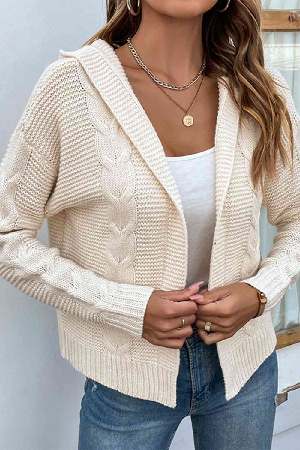 BazaarBey Cable-Knit Dropped Shoulder Hooded Cardigan Bazaarbey