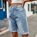 Distressed Buttoned Denim Shorts with Pockets Bazaarbey