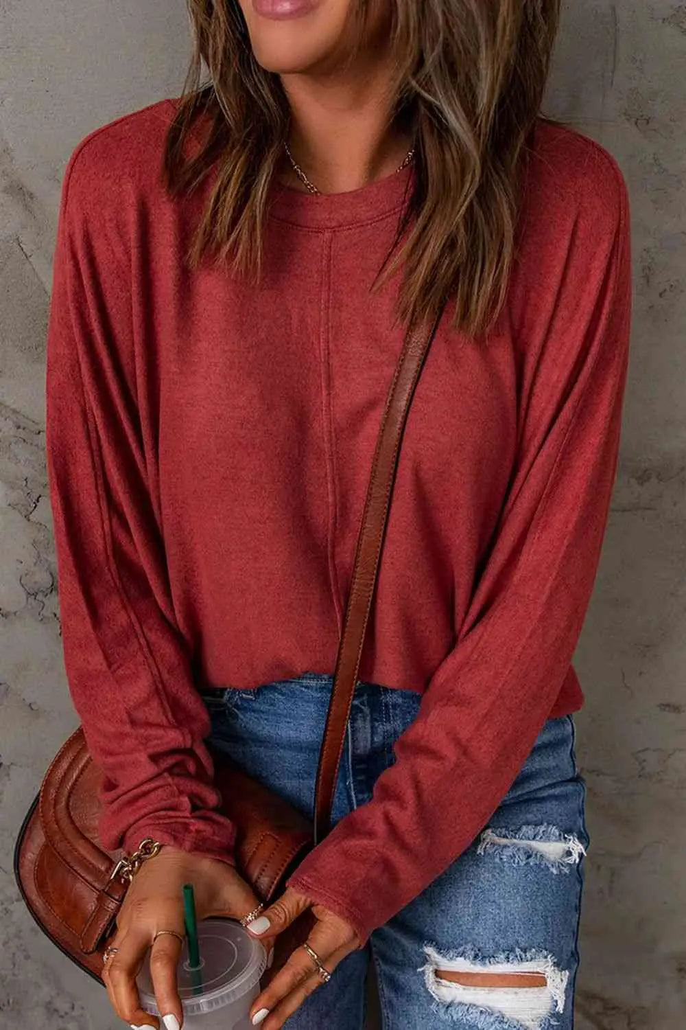 Seam Detail Round Neck Long Sleeve Top Trendsi