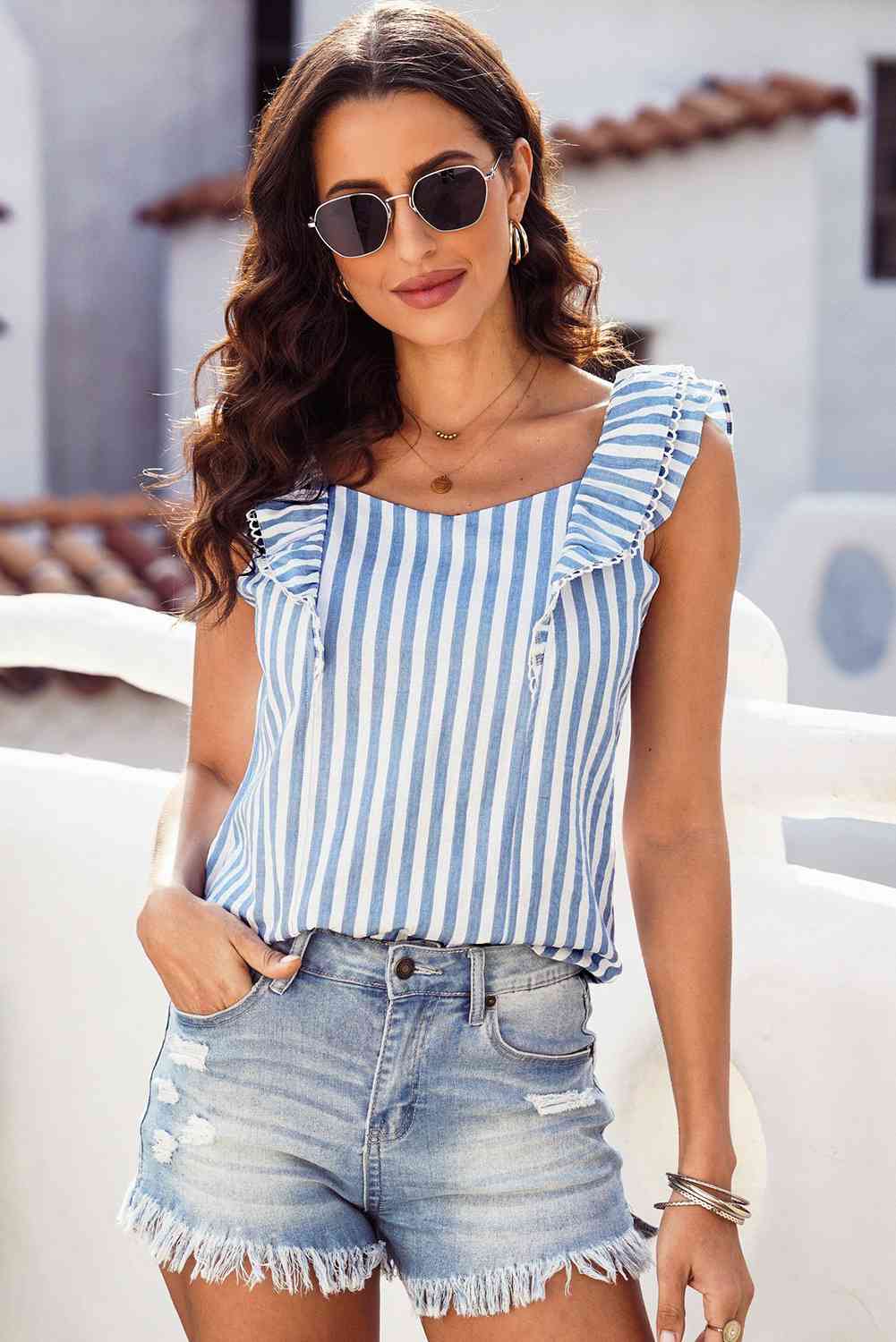 Striped Tie Back Ruffled Tank Bazaarbey