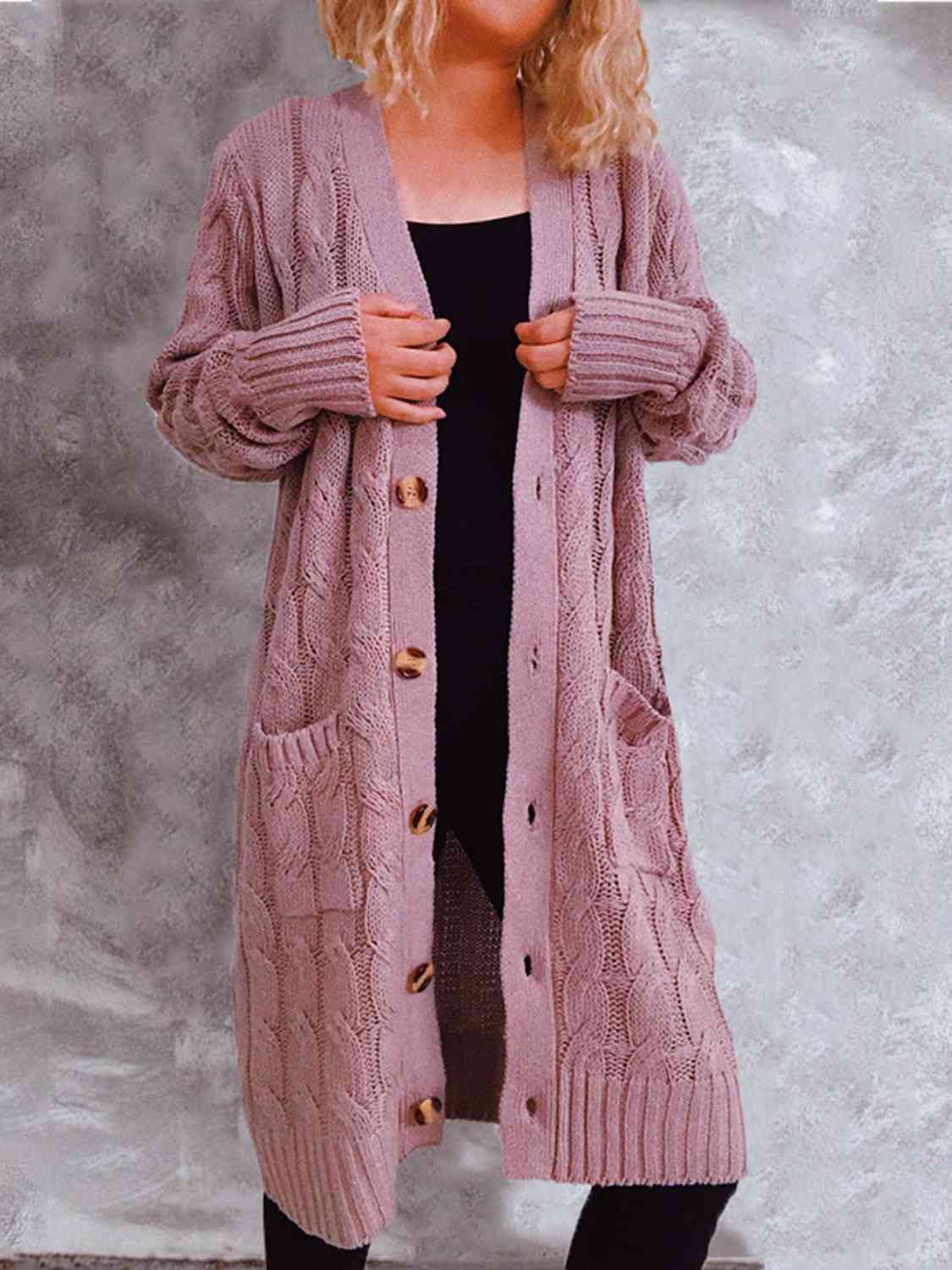 Button Up Cable-Knit Cardigan with Pockets Trendsi