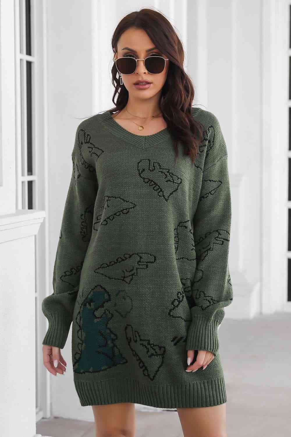 Dinosaur Pattern V-Neck Sweater Dress Bazaarbey