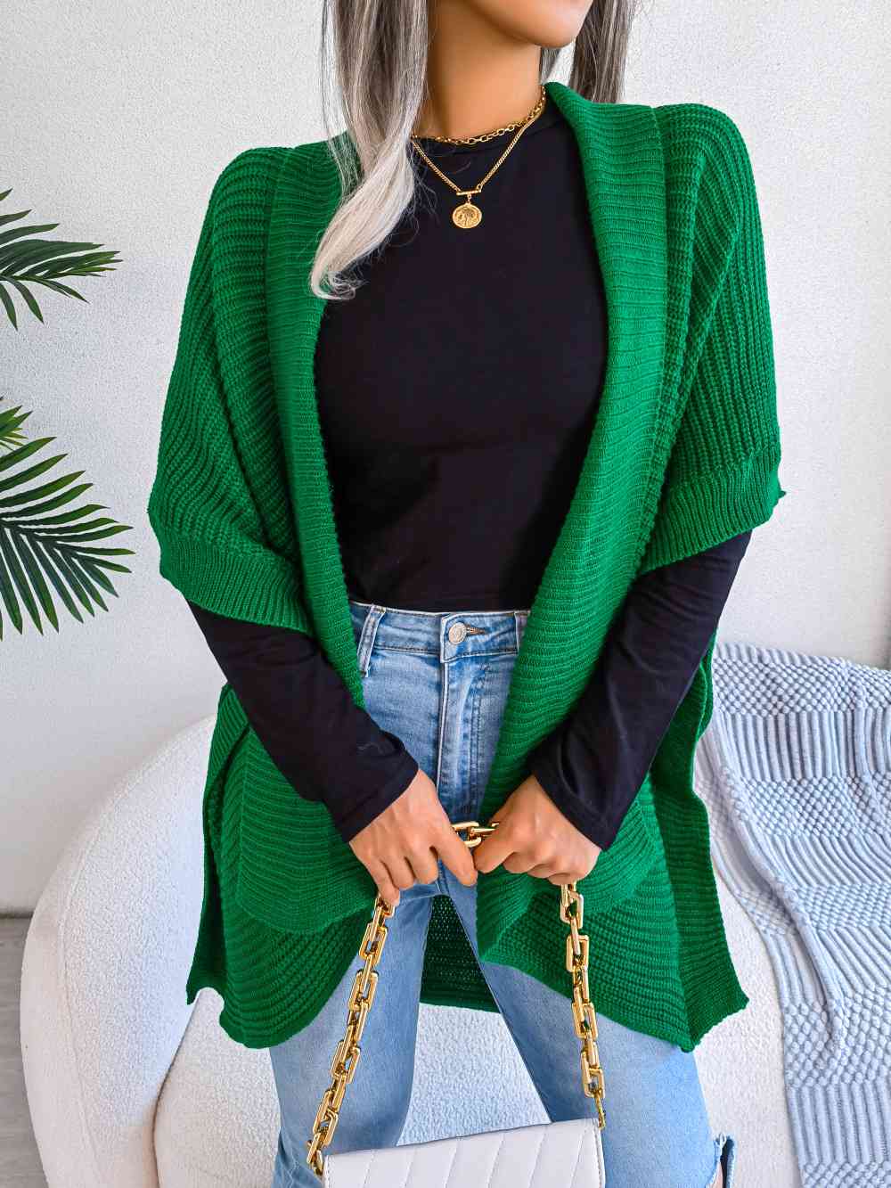 Horizontal Ribbing Open Front Slit Cardigan Trendsi