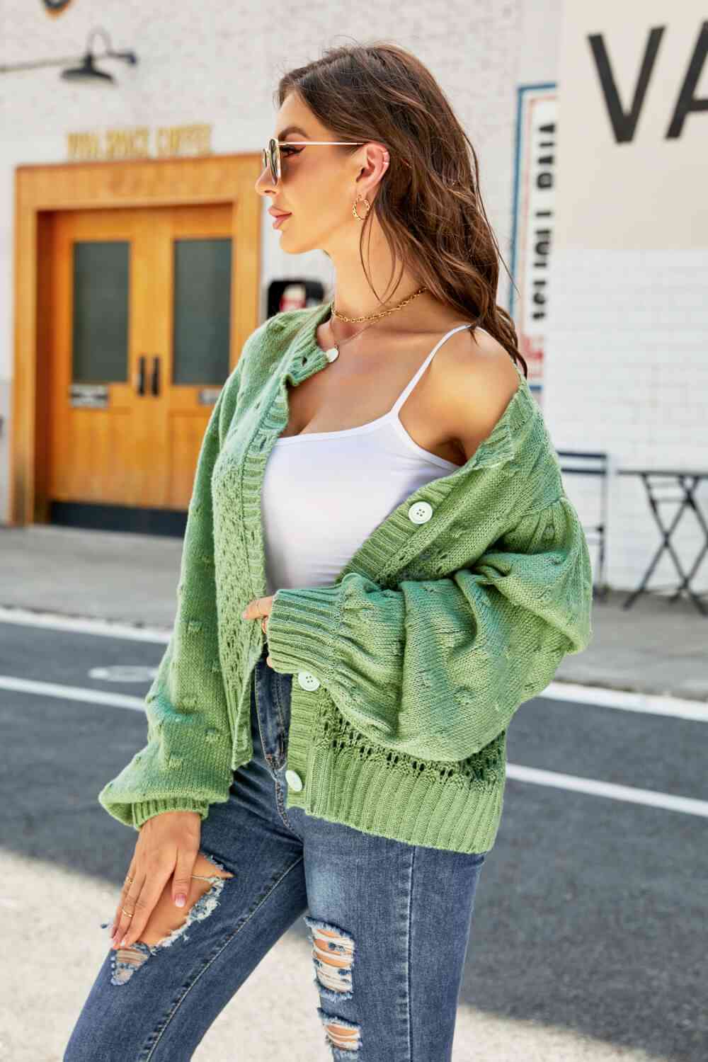 Woven Right Openwork Pompom Puff Sleeve Cardigan Trendsi