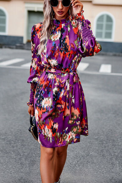 Printed Tie Waist Mock Neck Lantern Sleeve Dress -BazaarBey - www.shopbazaarbey.com