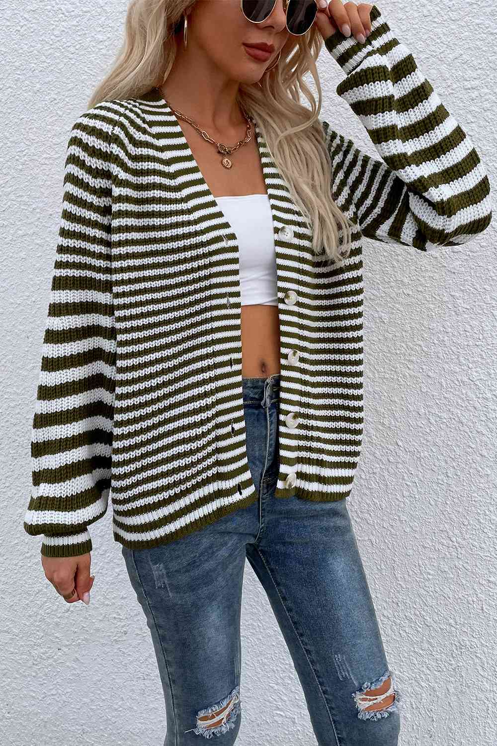 Striped V-Neck Button-Down Cardigan Trendsi