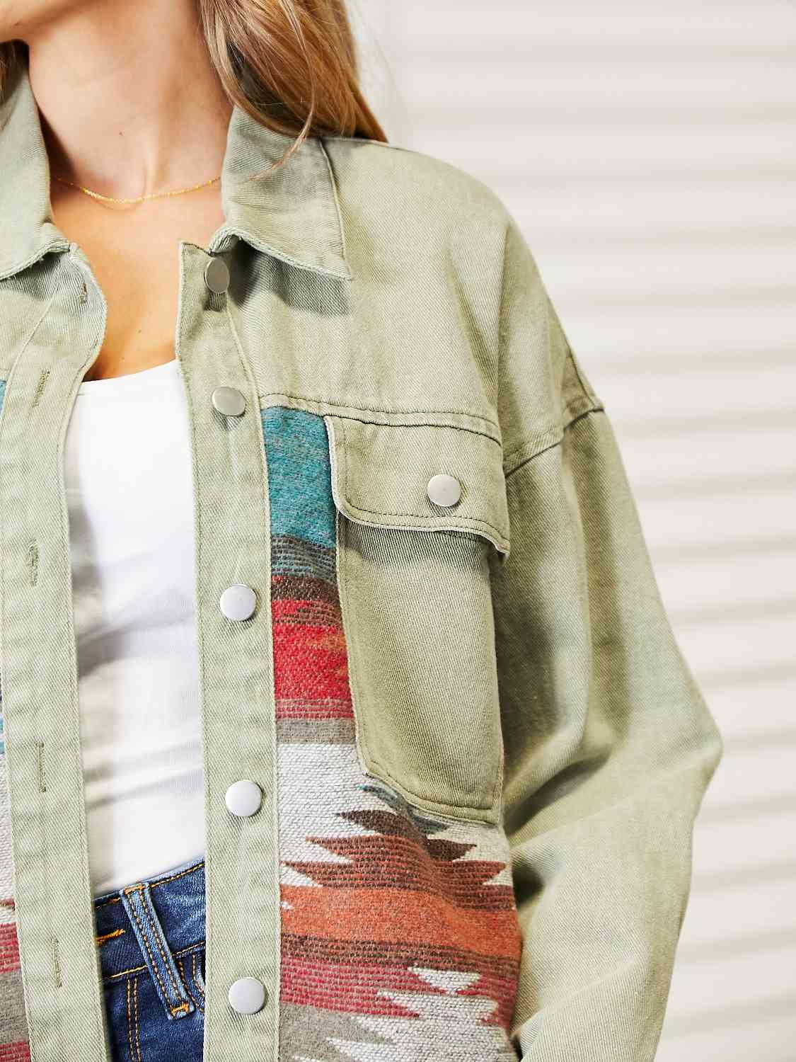 Dropped Shoulder Long Sleeve Printed Denim Jacket Bazaarbey