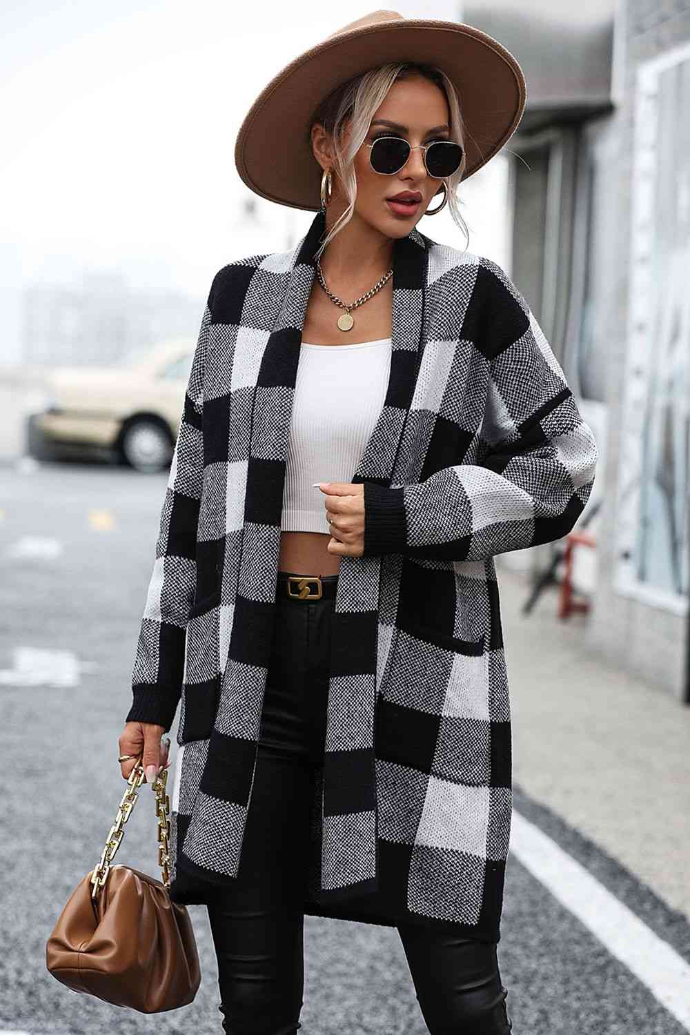 Plaid Dropped Shoulder Cardigan with Pocket Bazaarbey