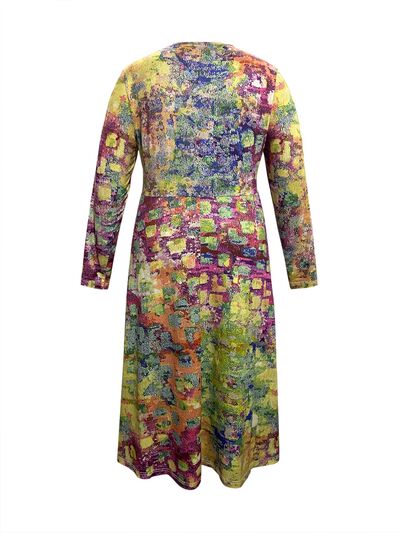 Plus Size Printed Round Neck Long Sleeve Dress -BazaarBey - www.shopbazaarbey.com