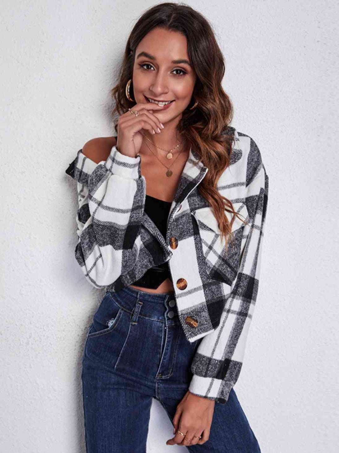 Plaid Button Front Jacket with Pockets Trendsi