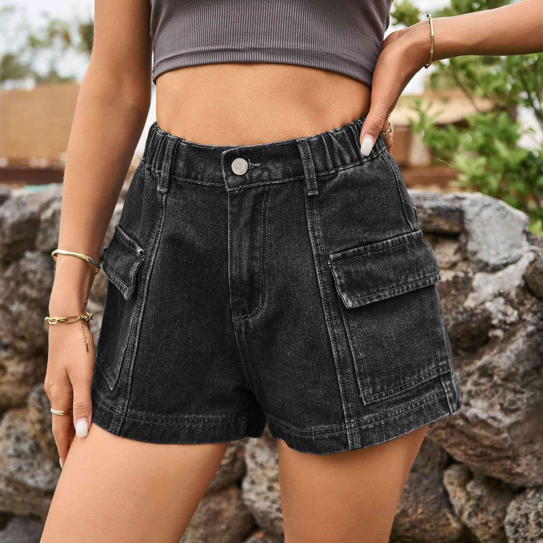 High-Waist Denim Shorts with Pockets Bazaarbey