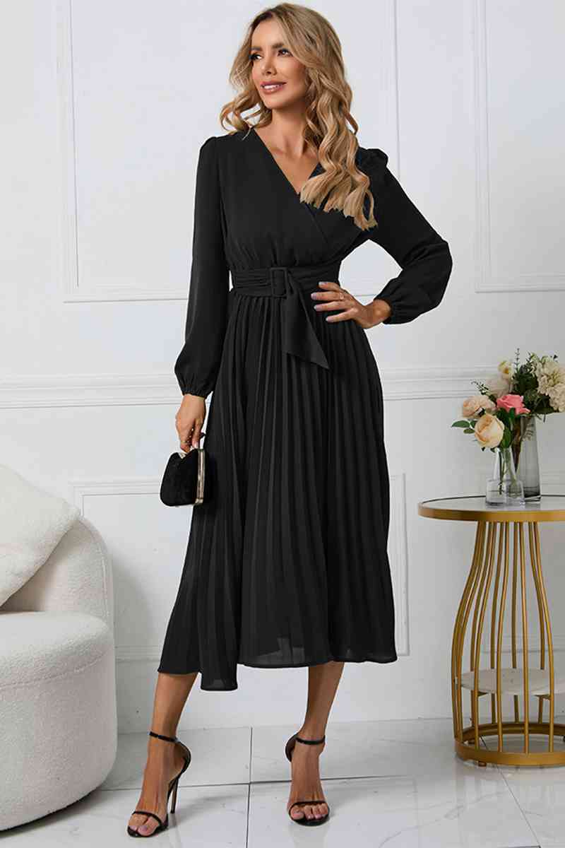 V-Neck Long Sleeve Tie Waist Midi Dress Bazaarbey