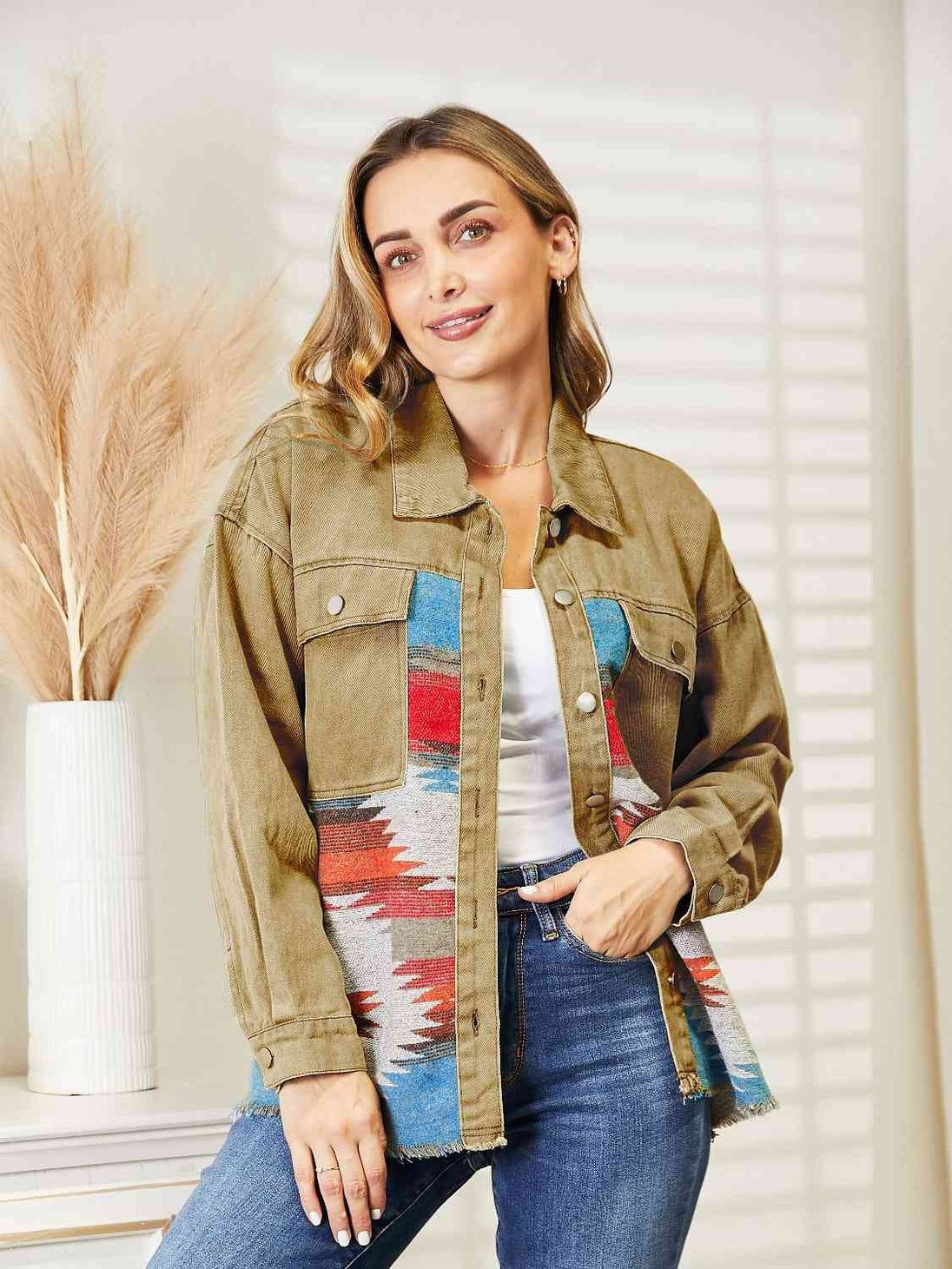 Dropped Shoulder Long Sleeve Printed Denim Jacket Bazaarbey