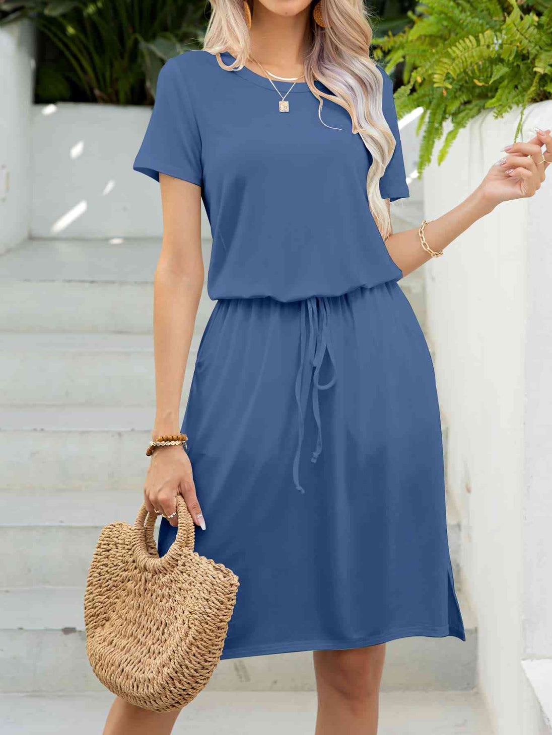 Round Neck Short Sleeve Slit Dress with Pockets -BazaarBey - www.shopbazaarbey.com