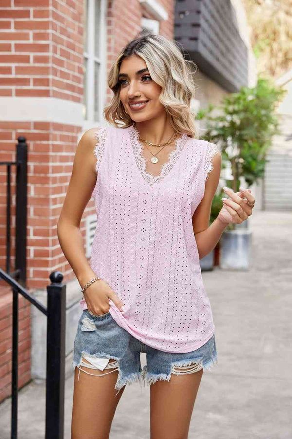  Lace Trim Eyelash V-Neck Tank Bazaarbey