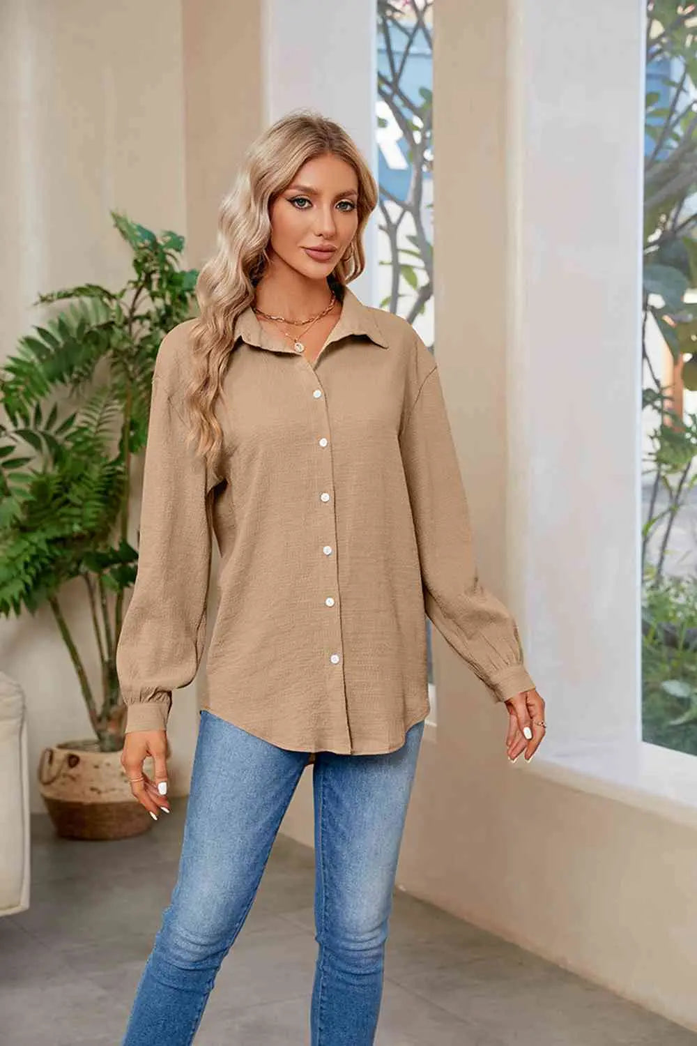 Collared Neck Buttoned Long Sleeve Shirt Bazaarbey