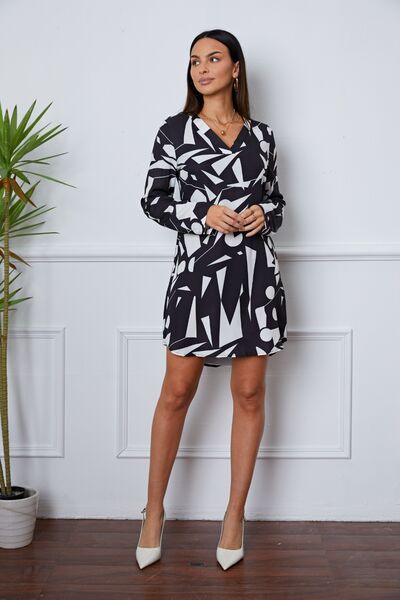 Geometric V-Neck Roll-Tab Sleeve Mini Dress Bazaarbey