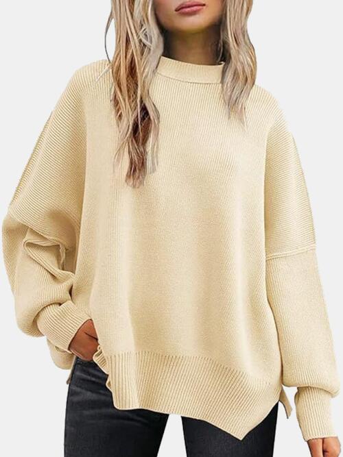 Round Neck Drop Shoulder Slit Sweater Bazaarbey