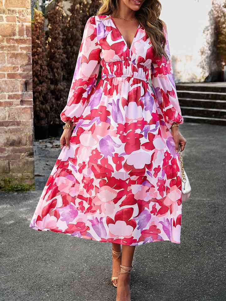 Printed V-Neck Long Sleeve Midi Dress -BazaarBey - www.shopbazaarbey.com