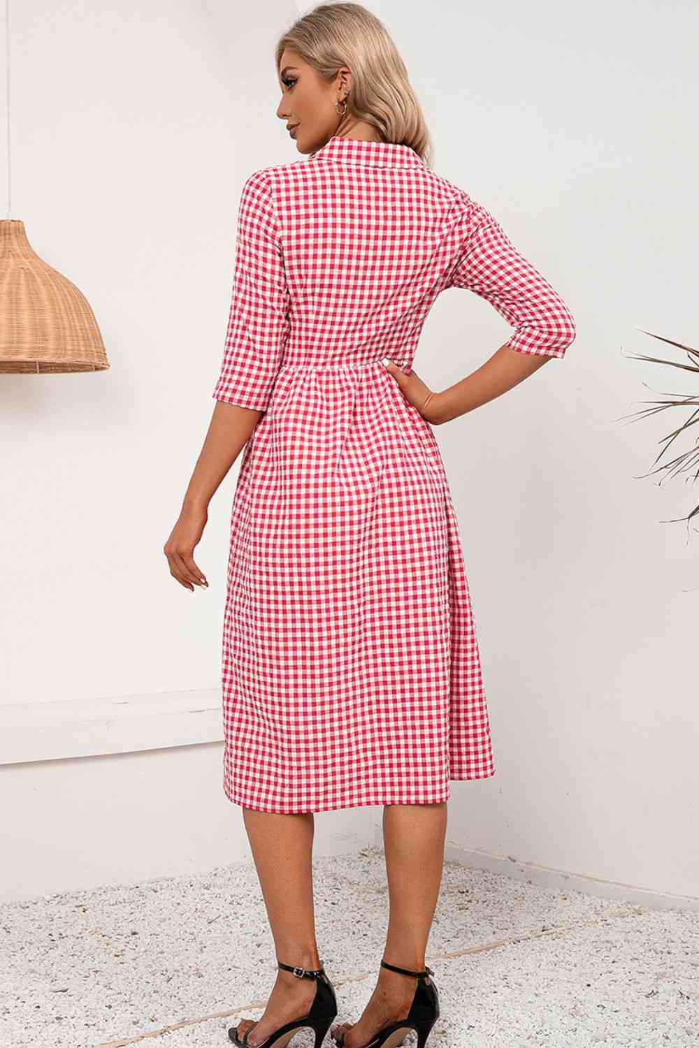 Plaid Collared Neck Midi Dress -BazaarBey - www.shopbazaarbey.com