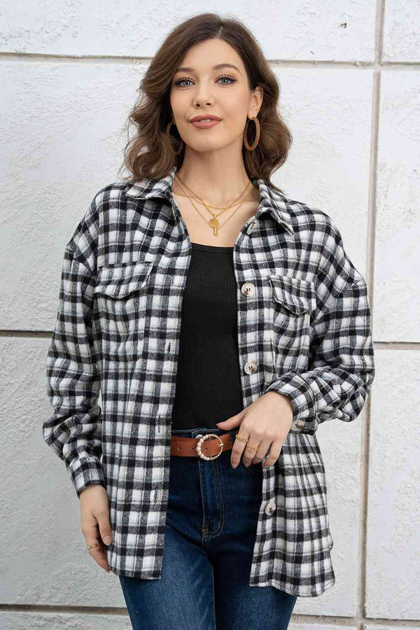 Plaid Dropped Shoulder Shirt Jacket Trendsi