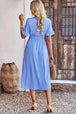 Gathered Detail Buttoned V-Neck Midi Dress -BazaarBey - www.shopbazaarbey.com