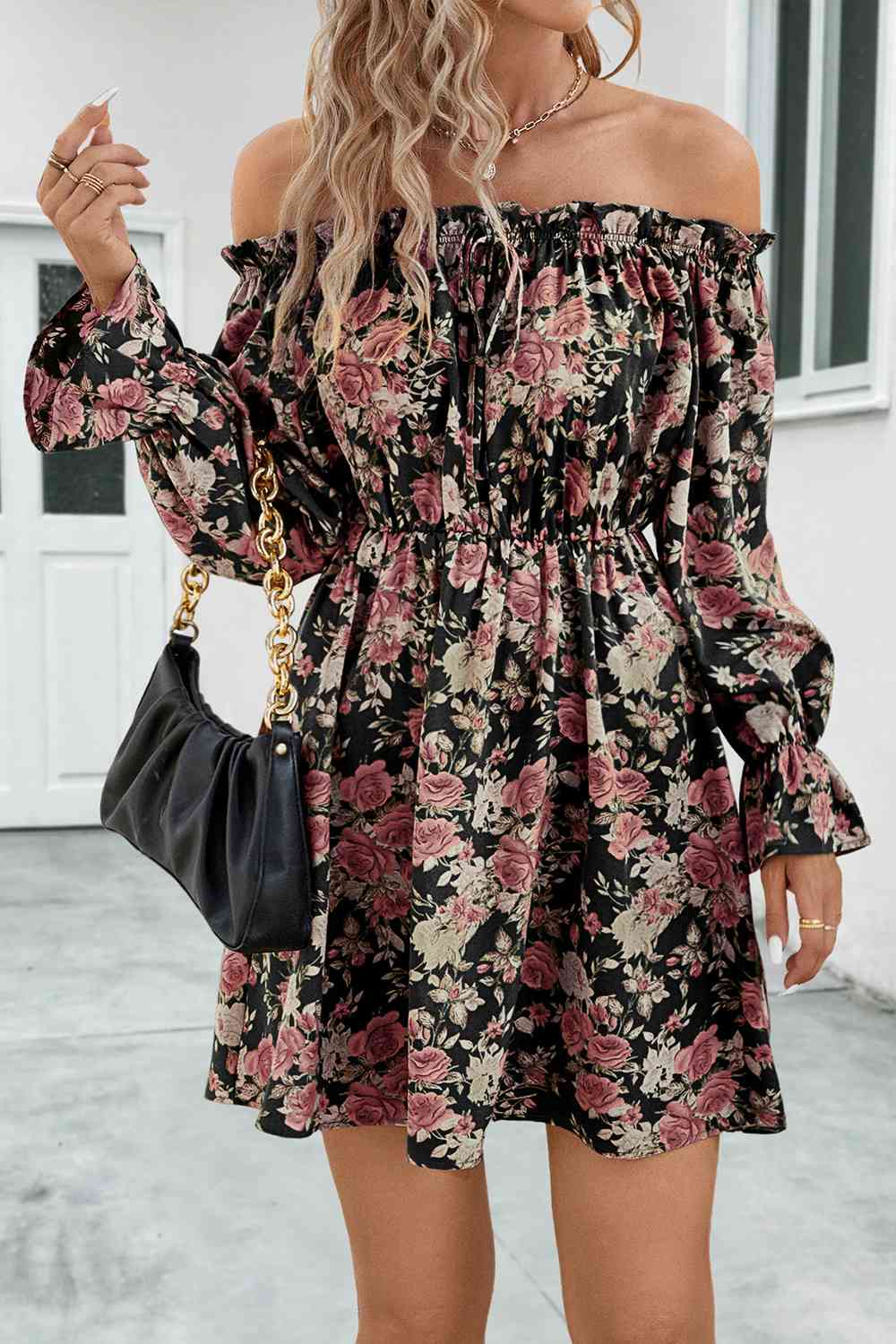 Floral Off-Shoulder Flounce Sleeve Dress -BazaarBey - www.shopbazaarbey.com