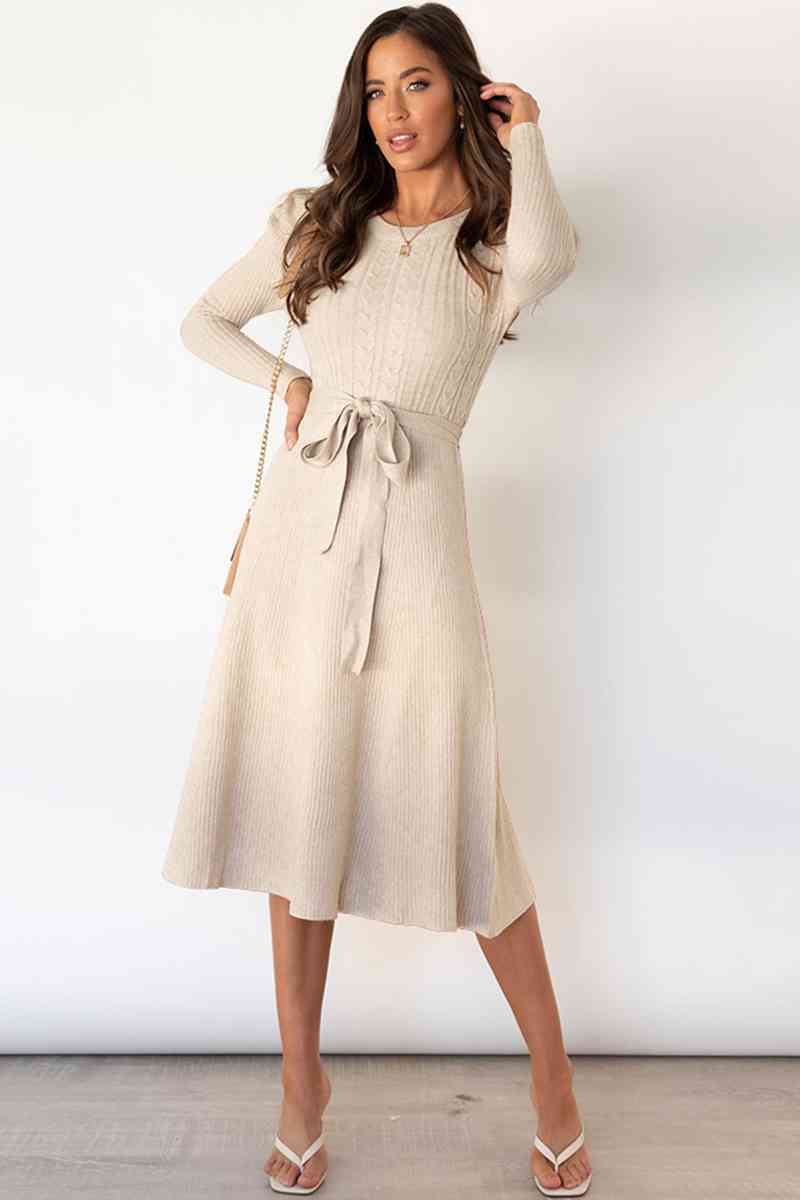 Round Neck Long Sleeve Tie Waist Sweater Dress Bazaarbey