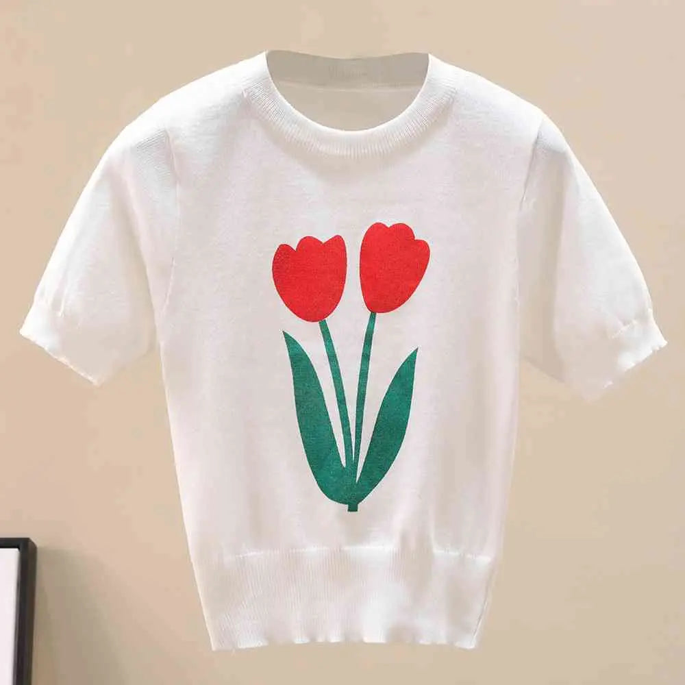 Flower Graphic Ribbed Trim Knit Top Trendsi