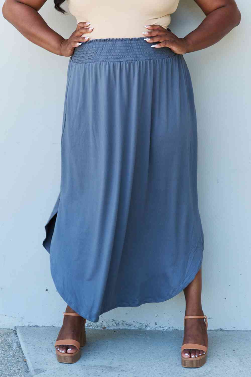  Comfort Princess Full Size High Waist Scoop Hem Maxi Skirt in Dusty Blue Trendsi