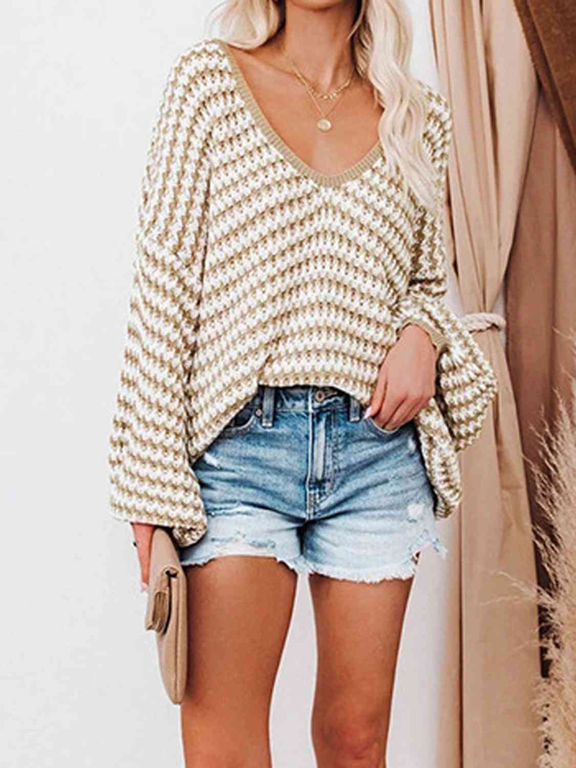 Striped Drop Shoulder V-Neck Sweater Bazaarbey