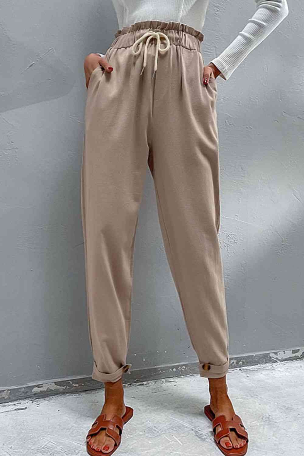 Drawstring  Waist Button Detail Pants Bazaarbey